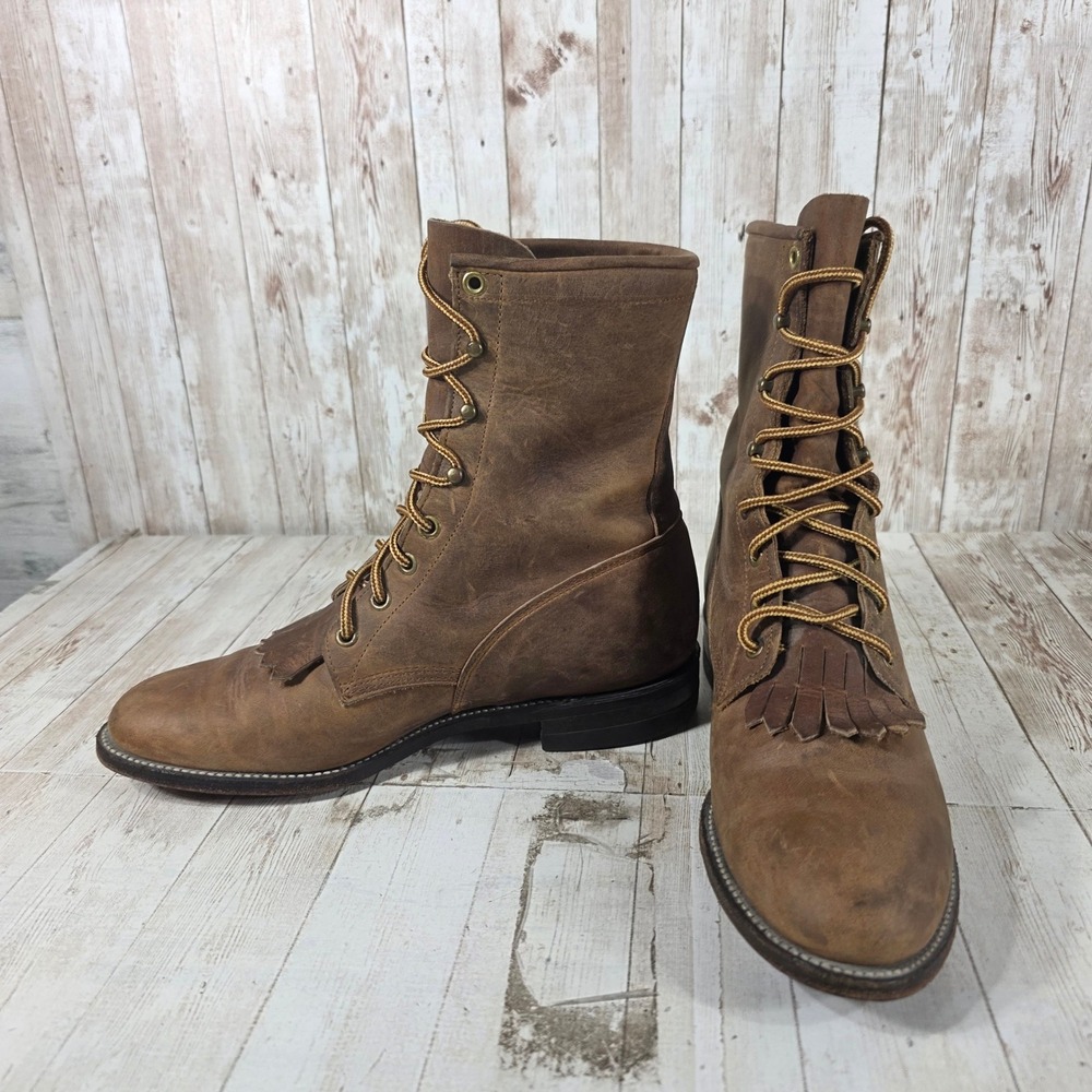 Justin L0575 Womens Brown Leather Lace Up Kiltie Western Boots Made in USA 8.5 B - Picture 6 of 8